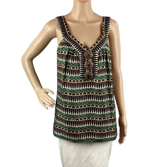 Milly NY Silk Tank Top Size 8 Brown Aqua Print - Picture 1 of 7
